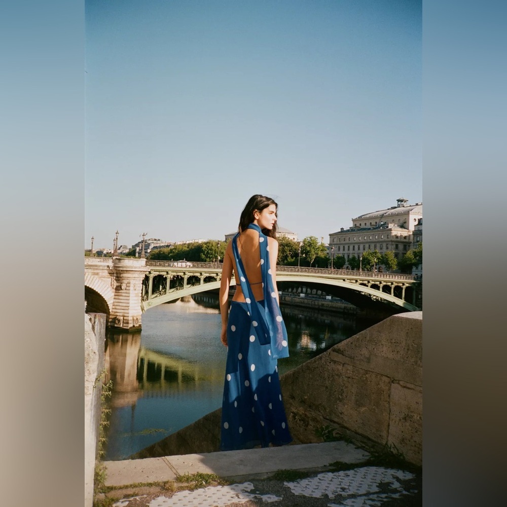 Zara Blue Polka Dot Halter Dress scarf open back maxi long evening party wedding - Picture 12 of 13